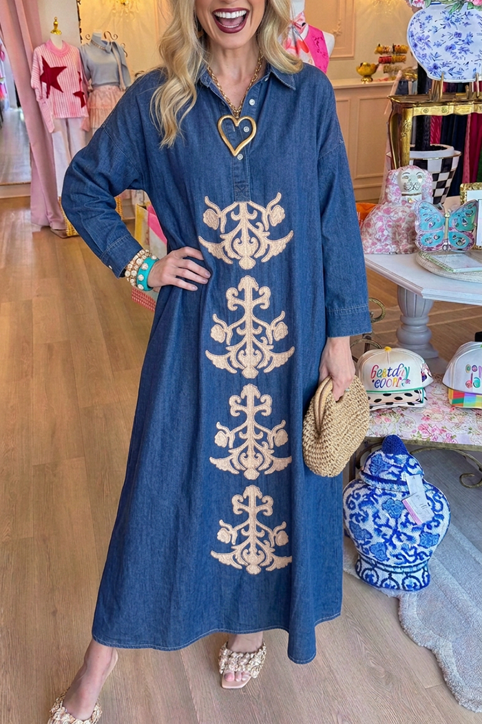 Collared Long Sleeve Pocket Denim Maxi Dress