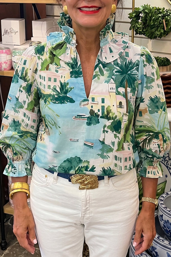 Coastal Town Print Ruffle Collar Top