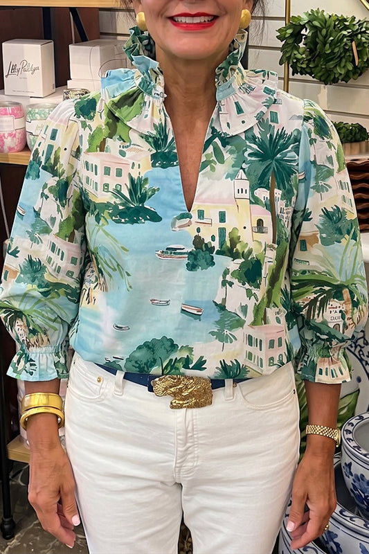 Coastal Town Print Ruffle Collar Top