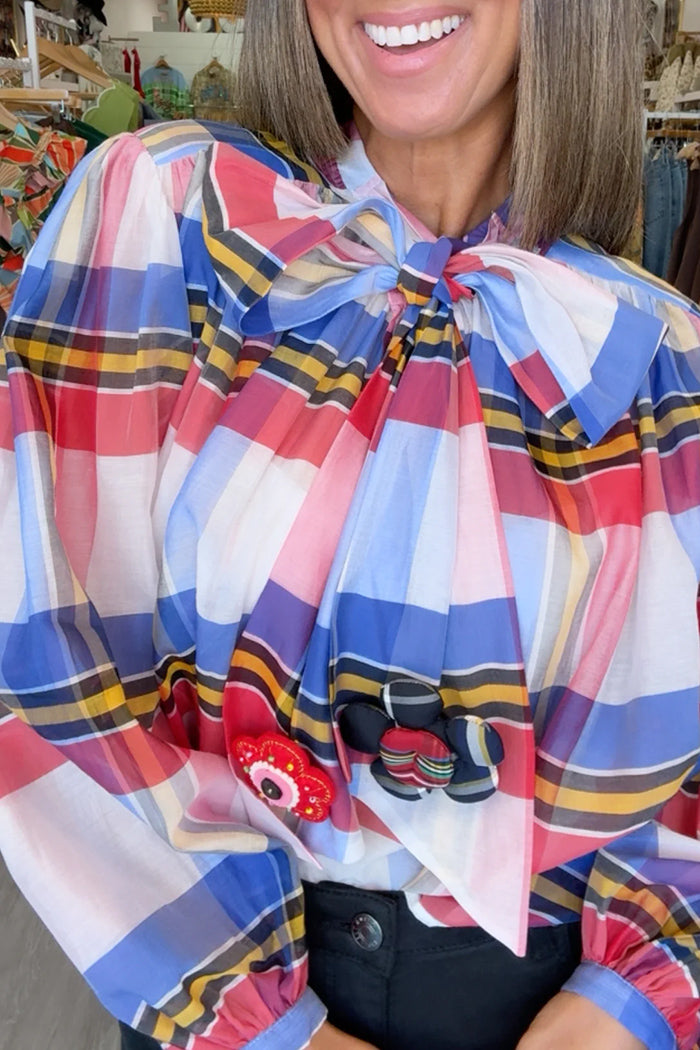 Plaid Bow Puff Sleeve Shirt