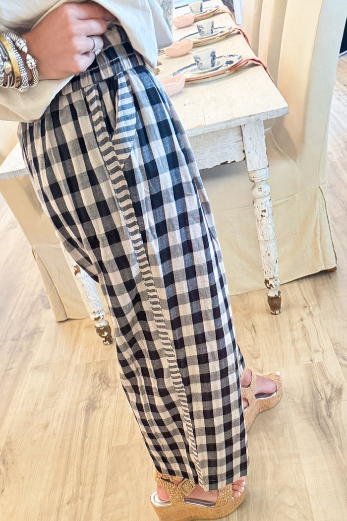 Black And Taupe Check Wide Leg Pants