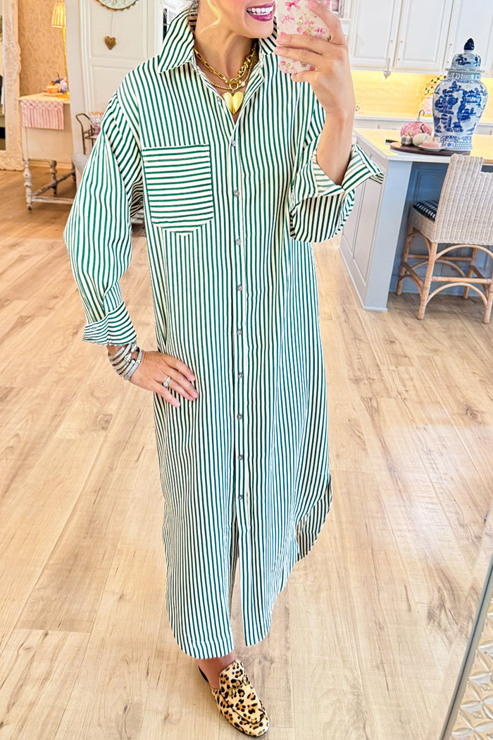 Stripe Button Pockets Midi Dress