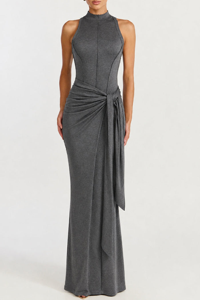 Sleeveless Ruched Knotted Fitted Maxi Dress