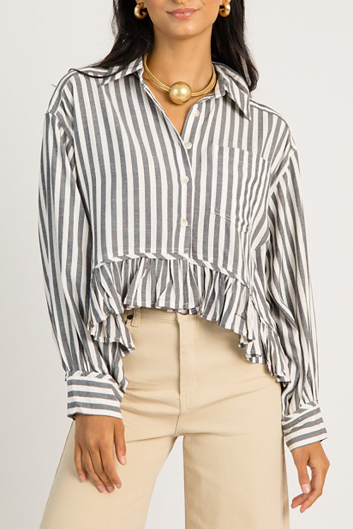 Striped Ruffled Hem Button Shirt