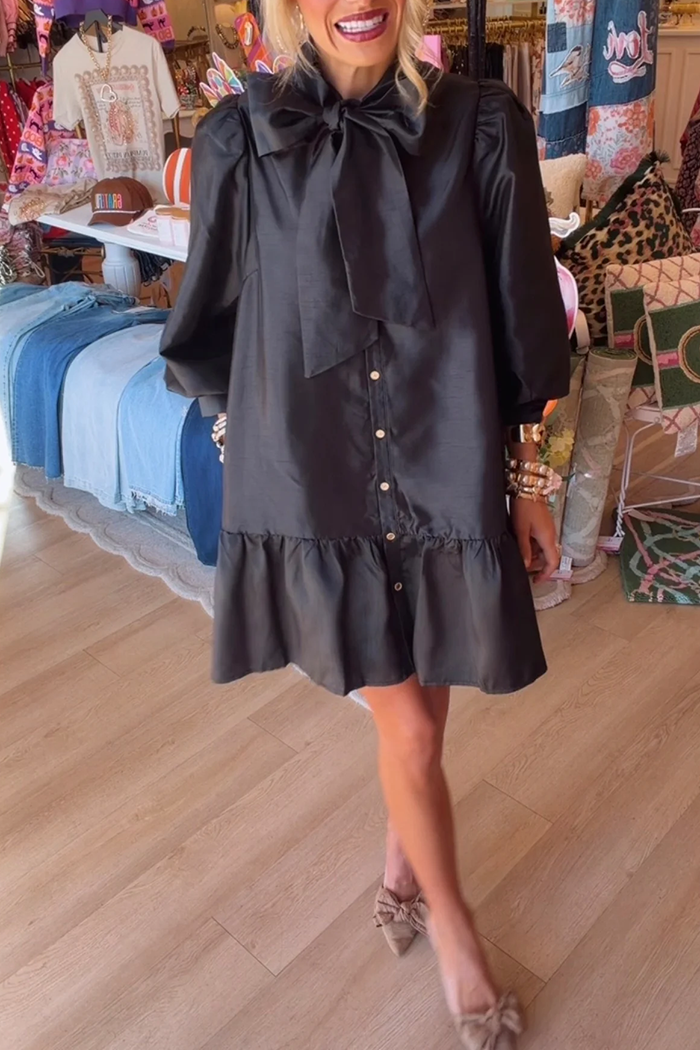 Black Metallic Bow Ruffle Hem Dress
