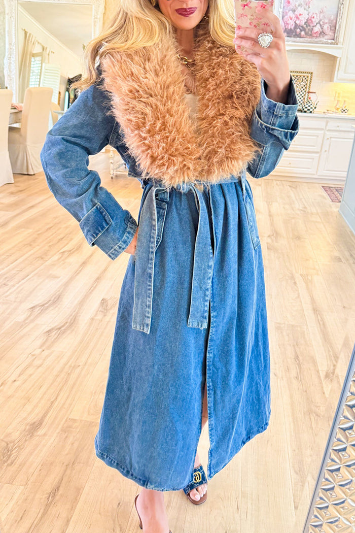 Artificial Fur Collar Long Denim Jacket