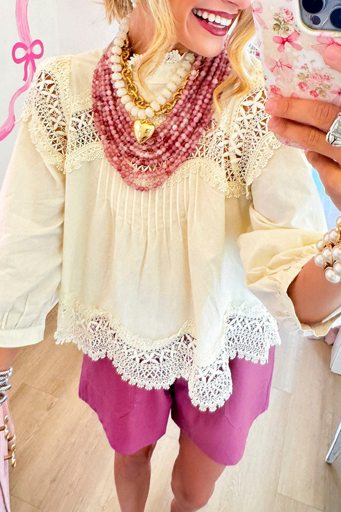 Cream Lace Detail 3/4 Sleeve Top