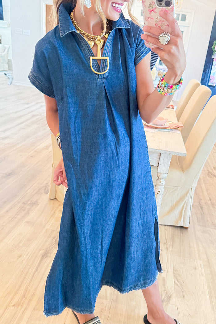 Denim Collared Pocket Midi Dress