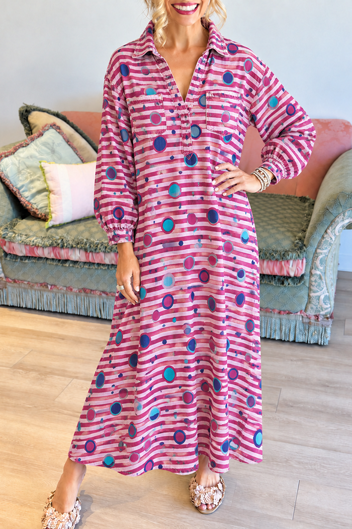 Pink Stripe Polka Dot Collar Pockets Maxi Dress