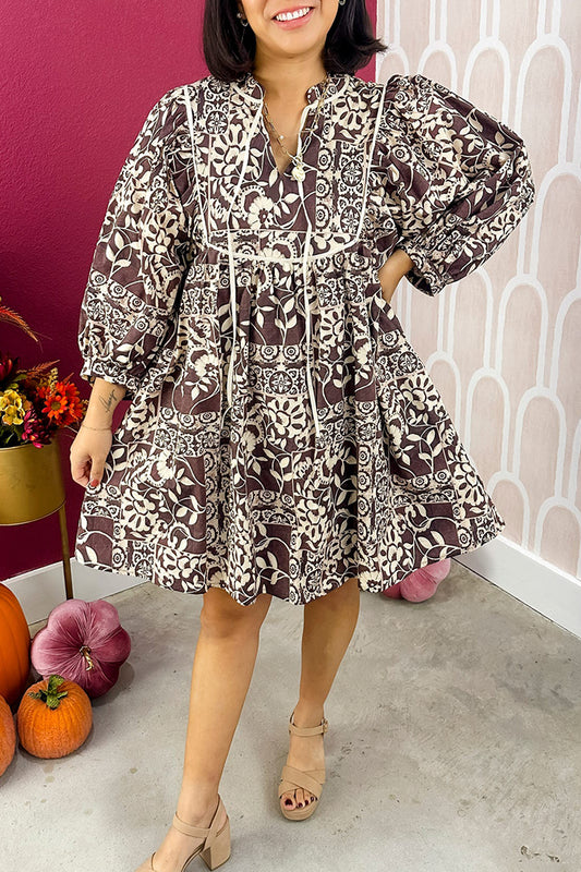 Chocolate Patchwork-Print Tie-Neck Mini Dress