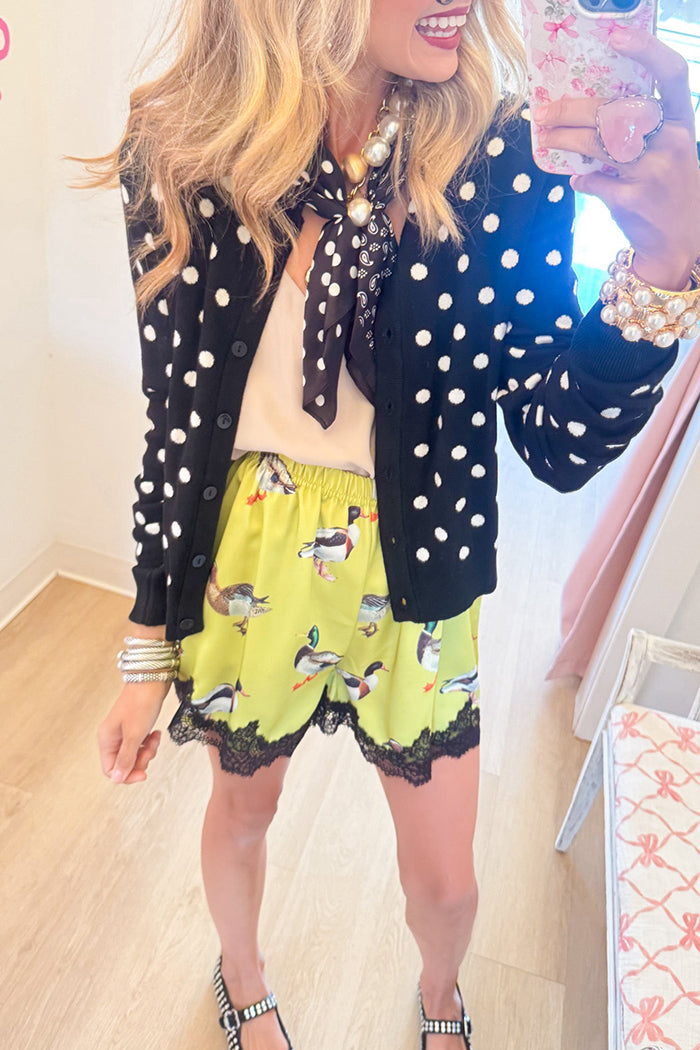 Mallard Duck Print Elastic Waist Lace Trim Shorts