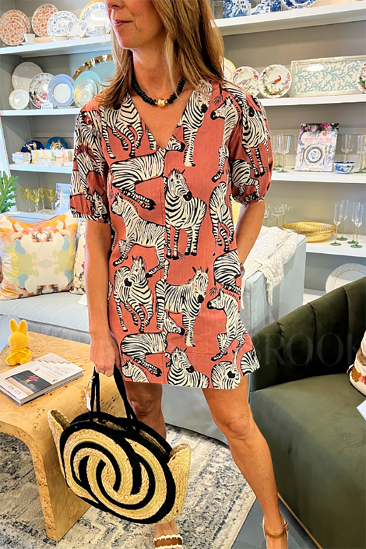 V-neck Zebra Pattern Pocket Dress