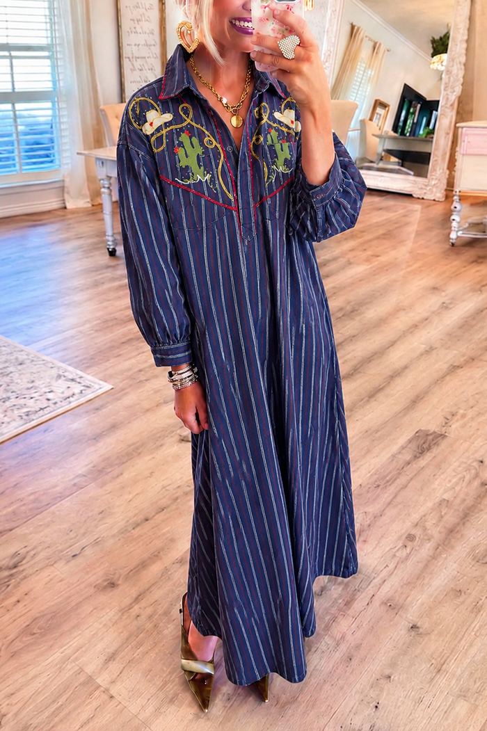 Western Striped Pocket Denim Maxi Dress