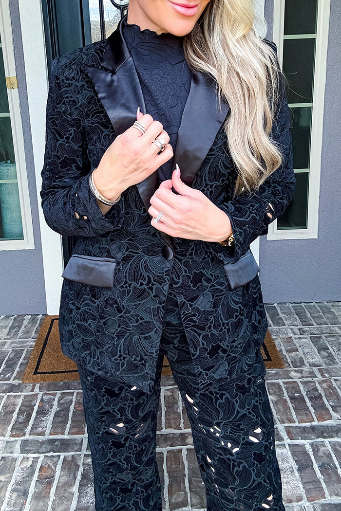 Black Lace Satin Lapel Blazer