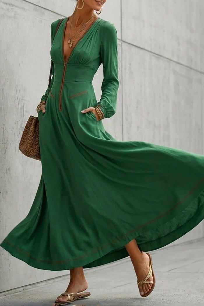 Contrast Trim Pockets Green Maxi Dress