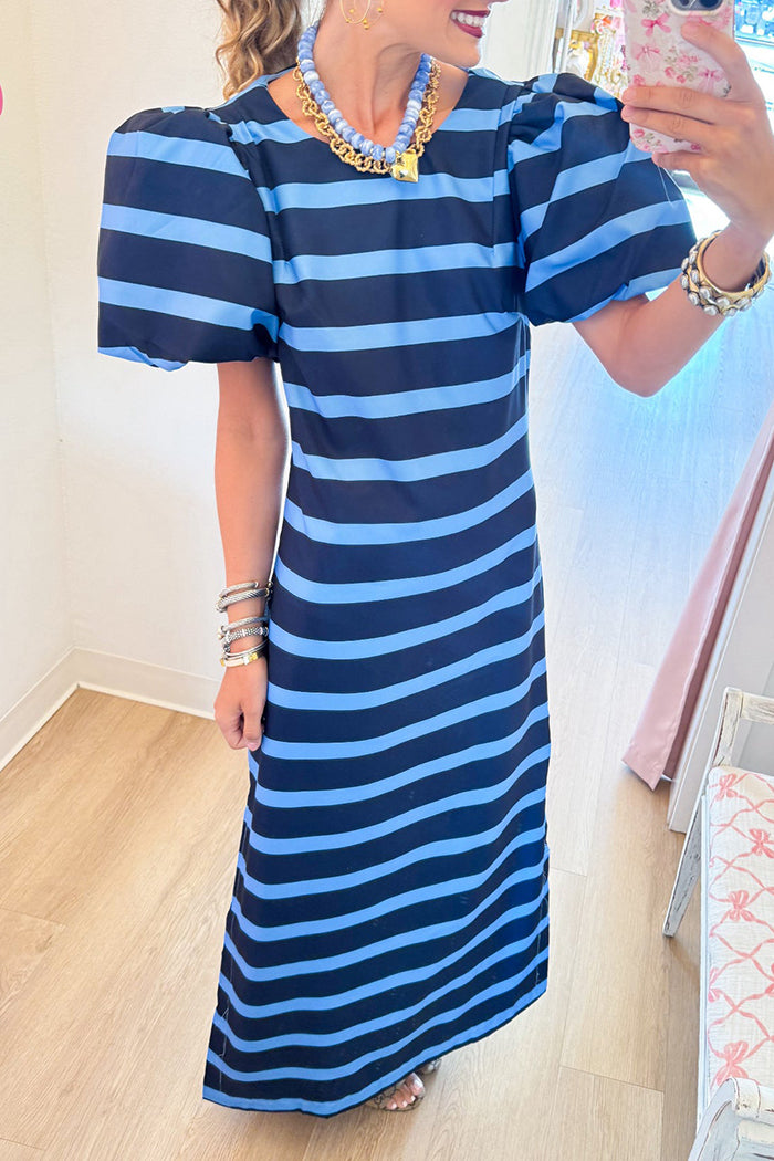 Casual Navy and Blue Stripe Puff Sleeve Maxi Dress