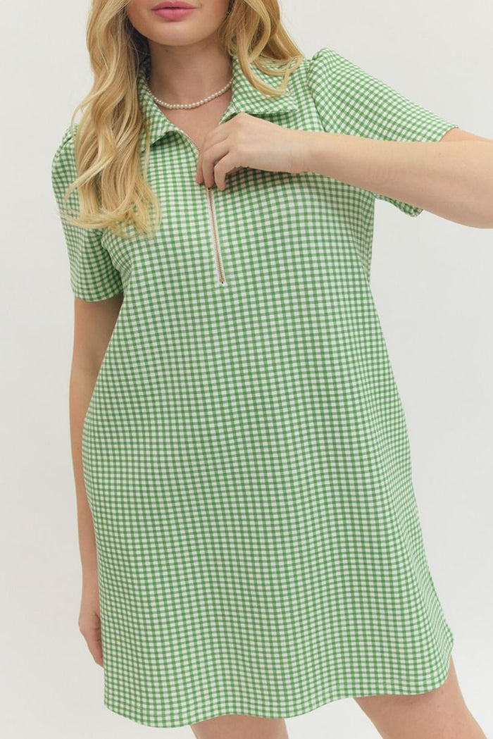 Short Sleeve Gingham Zip Dress