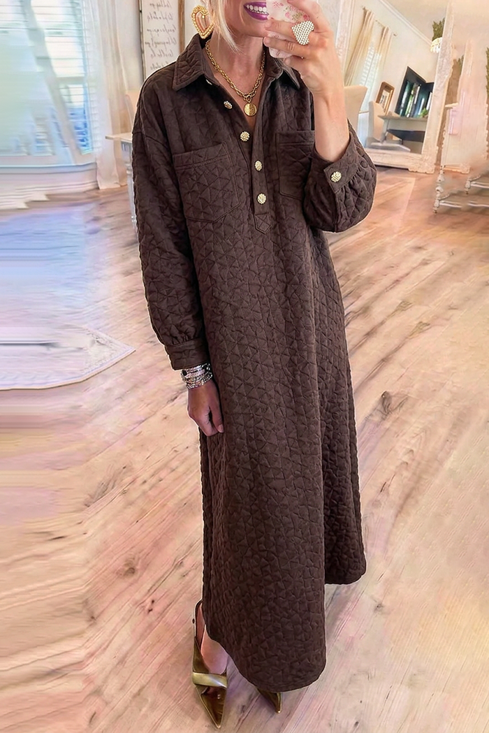 Quilted Shirt Collar Long Sleeve Pockets Maxi Dress