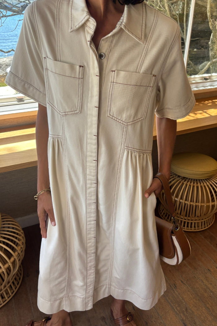 Gathered Waist Pocketed Collared Short Sleeve Denim Dress