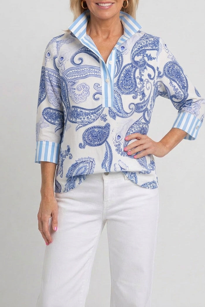 Indigo Violet Paisley Striped Cuff Half Placket Top