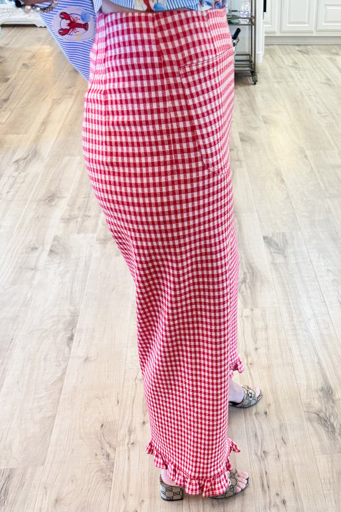 Red Gingham Ruffle Hem Pocket Pants