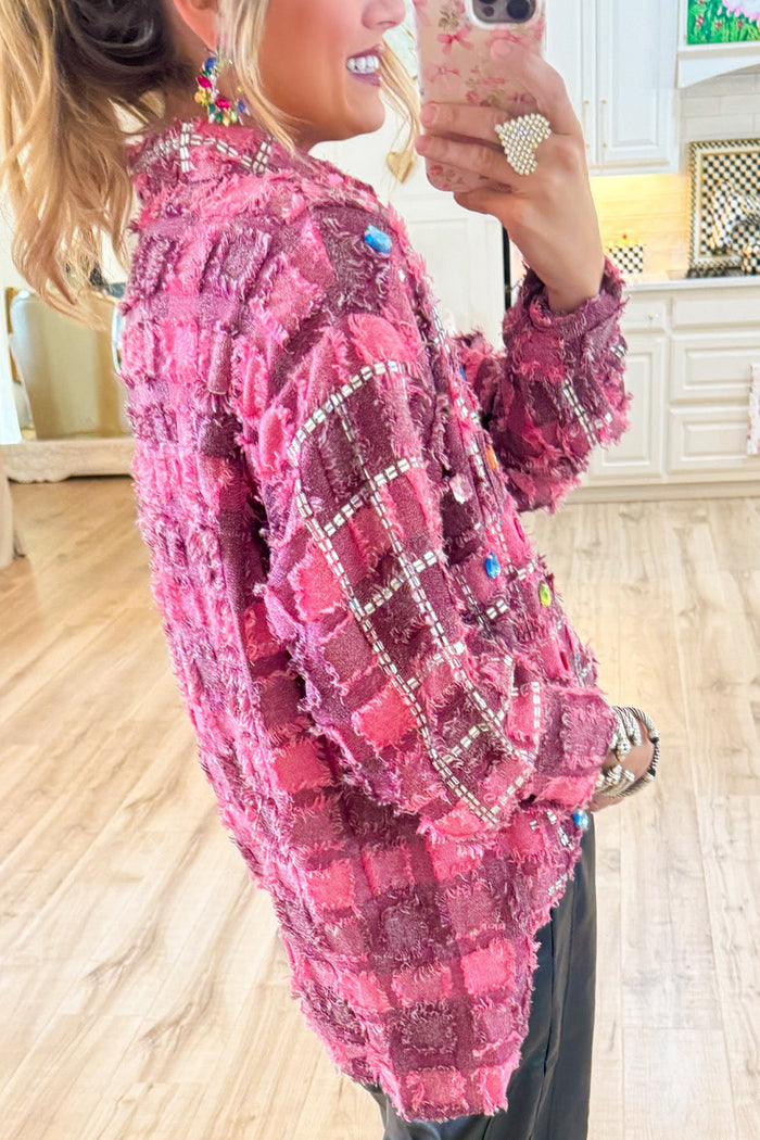 Chic Rhinestone Checkered Shirt