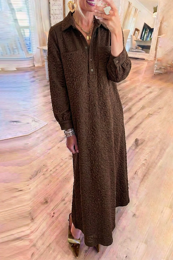 Brown Collared Half Button Chest Pockets Textured Maxi Shirt Dress