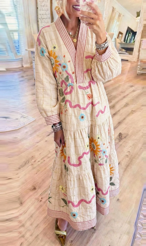 Casual Quilted Floral Embroidered Maxi Dress