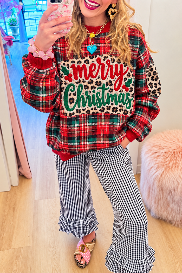 Casual Plaid Leopard Patchwork Sweatshirt