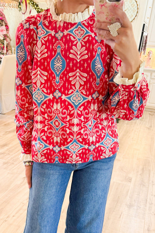 Casual Print Ruffle Collar Top