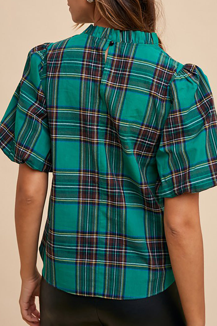 Plaid Ruffle Mock Neck Bubble Sleeve Top