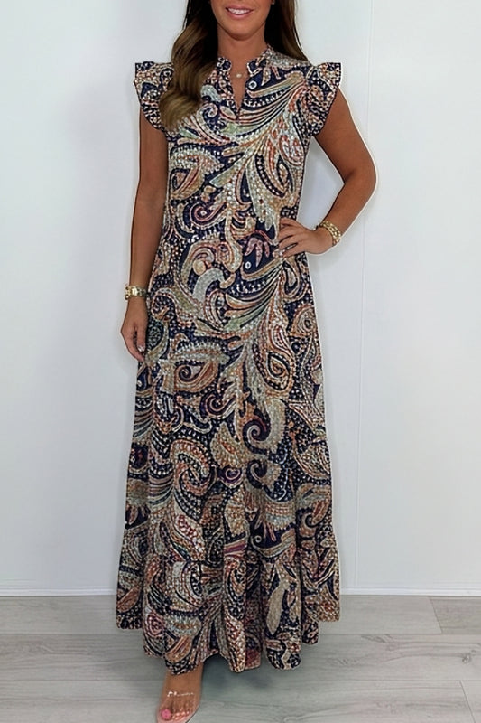 Ruffle Sleeve Paisley Print Maxi Dress