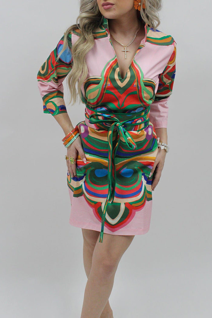 Printed Stand Collared Pocketed Shift Dress