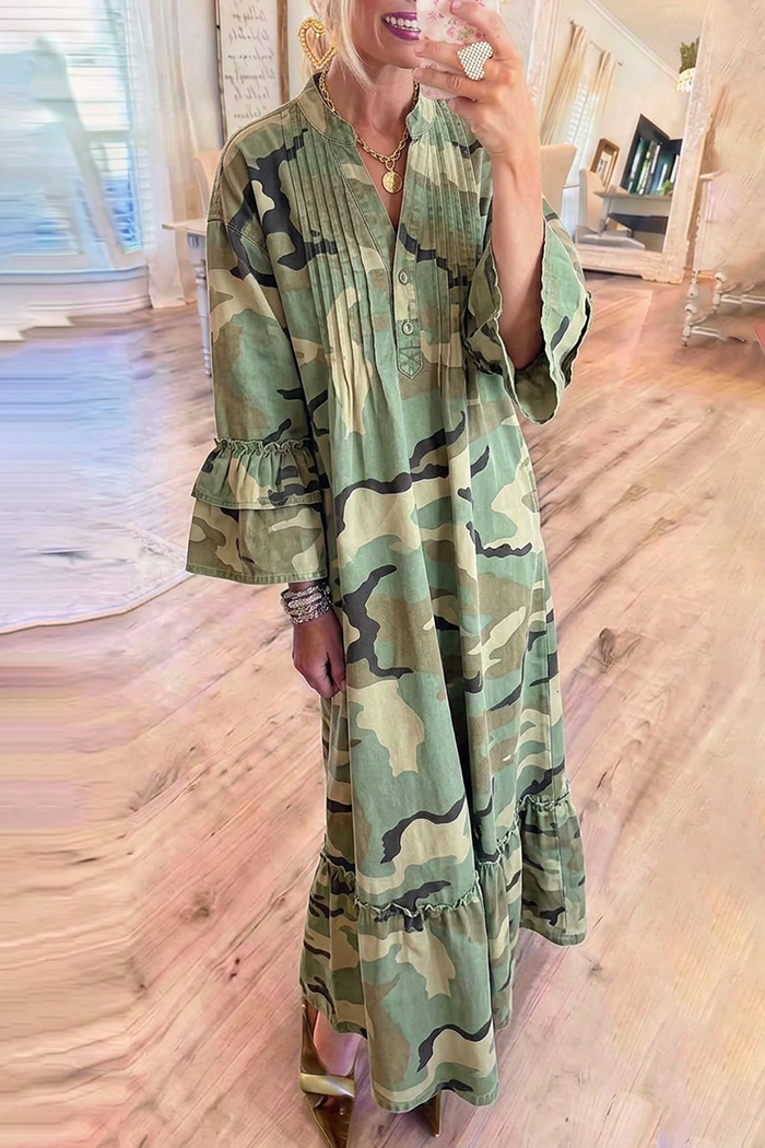 Camo Ruffle Tiered Denim Maxi Dress