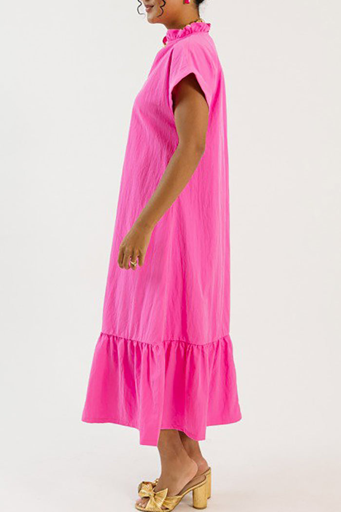 Cuffed Sleeve Ruffle Hem Pocket Midi Dress