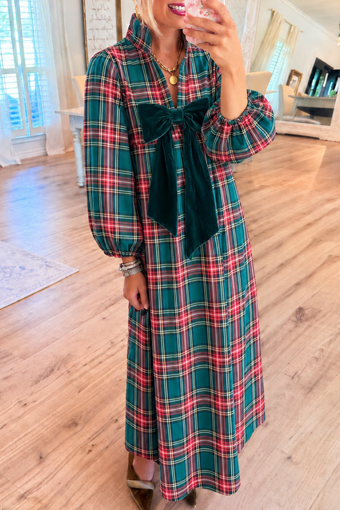 Green Tartan Plaid Green Bow Maxi Dress