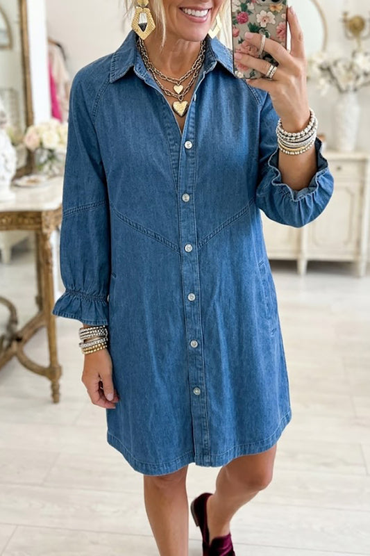 Ruffle Cuff Button Front Denim Shirt Dress