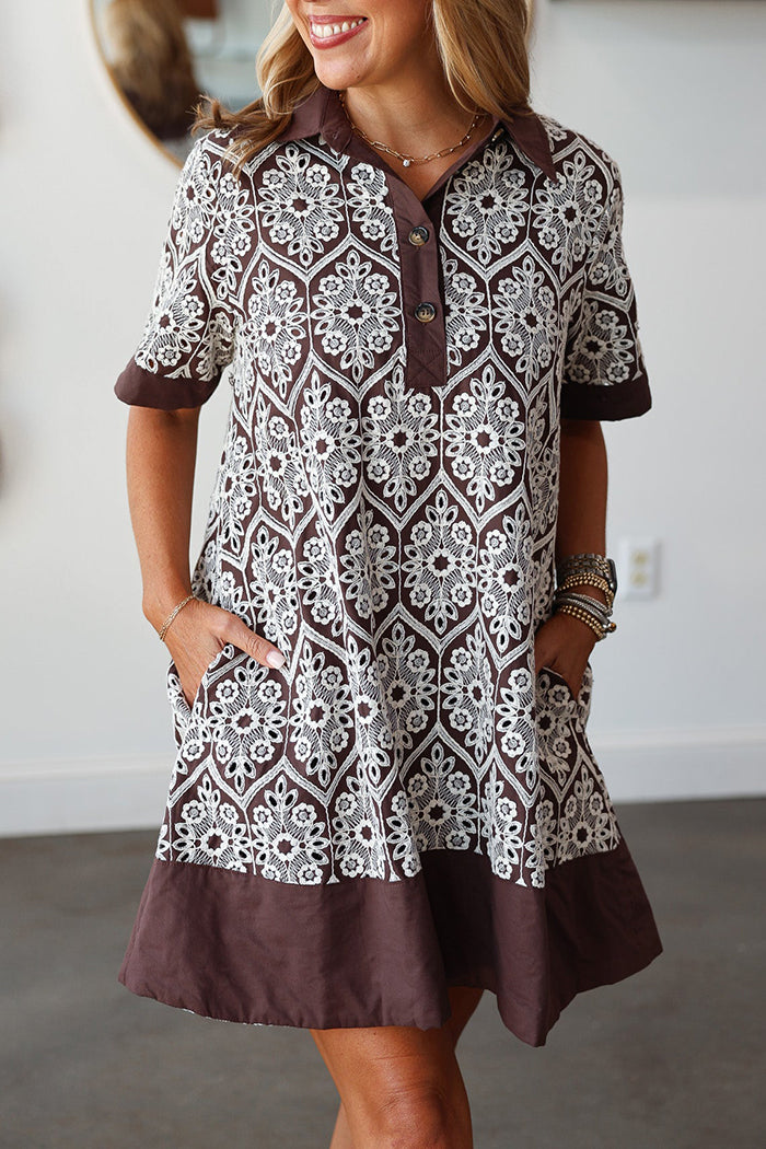 Embroidered Buttoned Pockets Dress