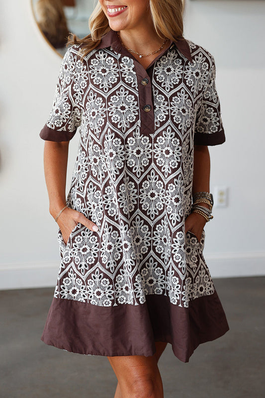 Embroidered Buttoned Pockets Dress
