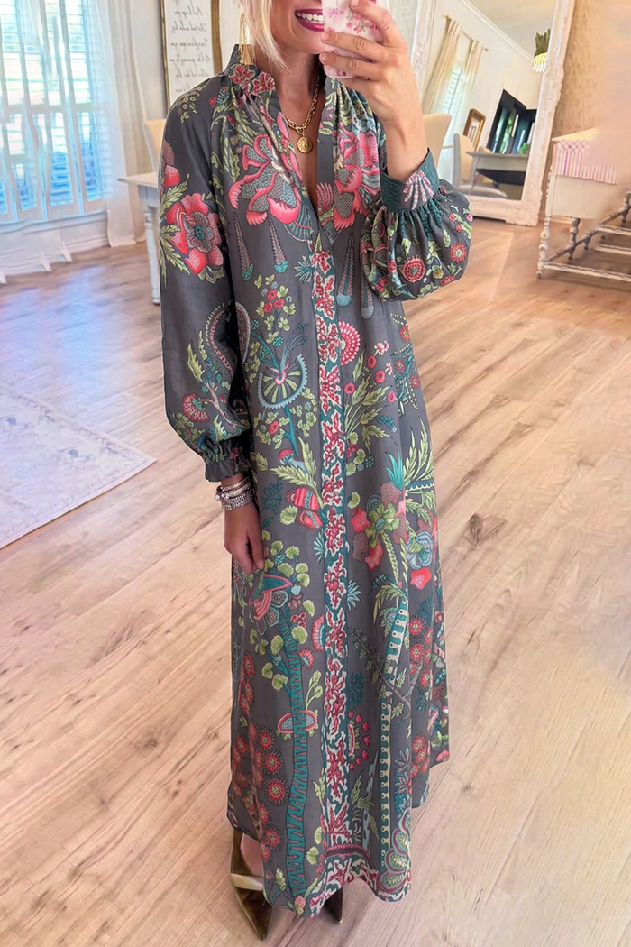 Floral Pattern Stand Collar Balloon Sleeves Pockets Maxi Dress
