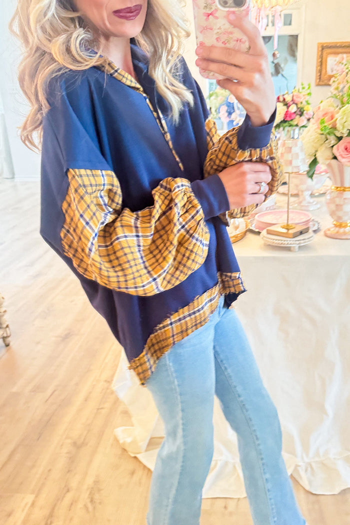 Navy Plaid Contrast Half Button Long Sleeve Pullover
