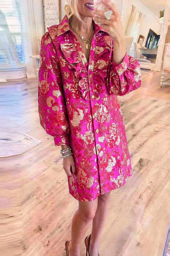 Fuchsia Ruffle Placket Button Front Metallic Jacquard Shirt Dress