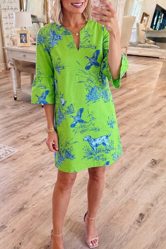 Toile Print Flared Sleeve Shift Dress