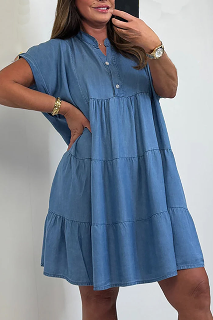 Denim Tiered Cap Sleeve Swing Dress