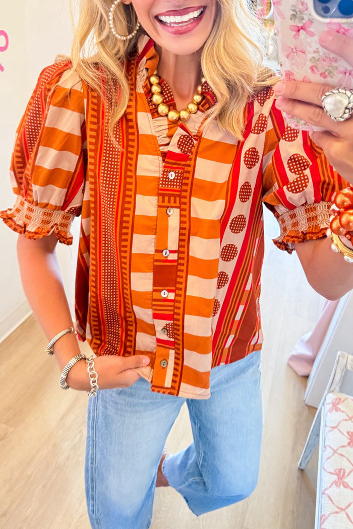 Orange Geometric Print Puff Sleeve Top