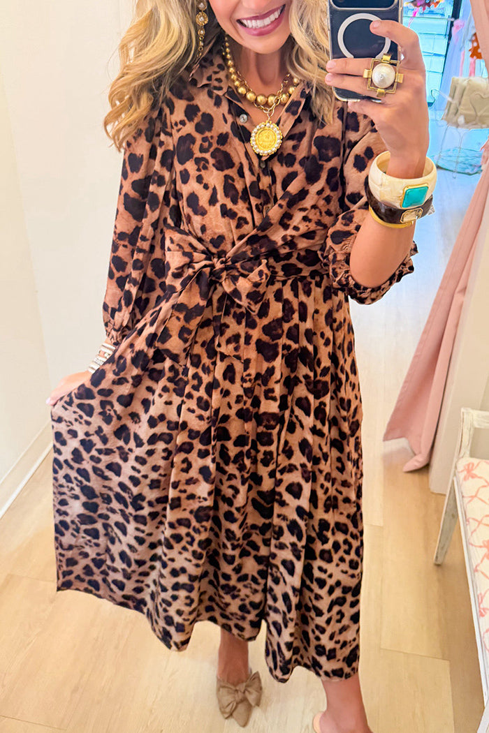 Leopard Balloon Sleeve Pockets Maxi Dress