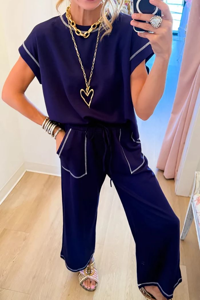 Navy Contrast Stitch Lounge Set