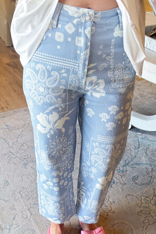 Light Blue Floral Print Ankle Pants