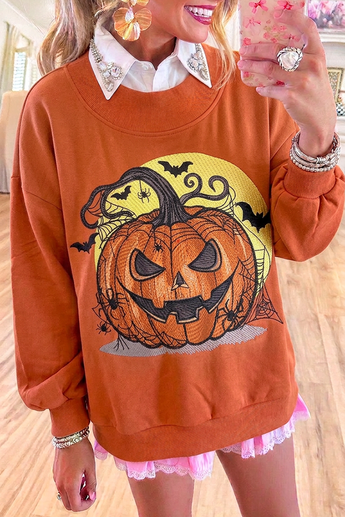 Orange Pumpkin Halloween Motif Long Sleeve Crew Neck Sweatshirt