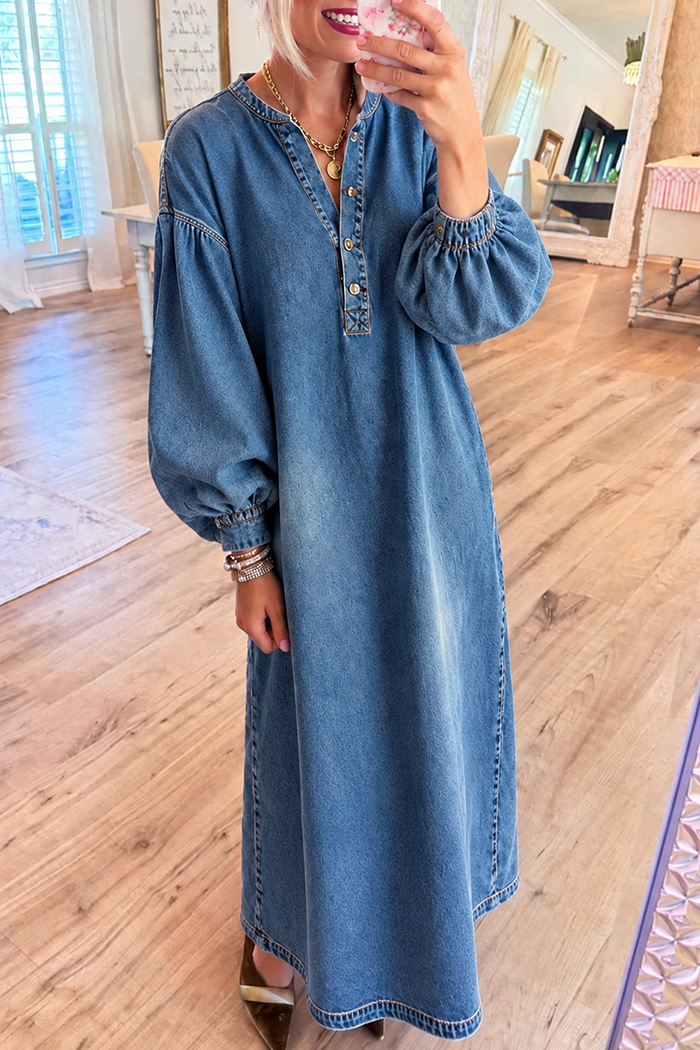 Balloon Sleeve Denim Pockets Maxi Dress